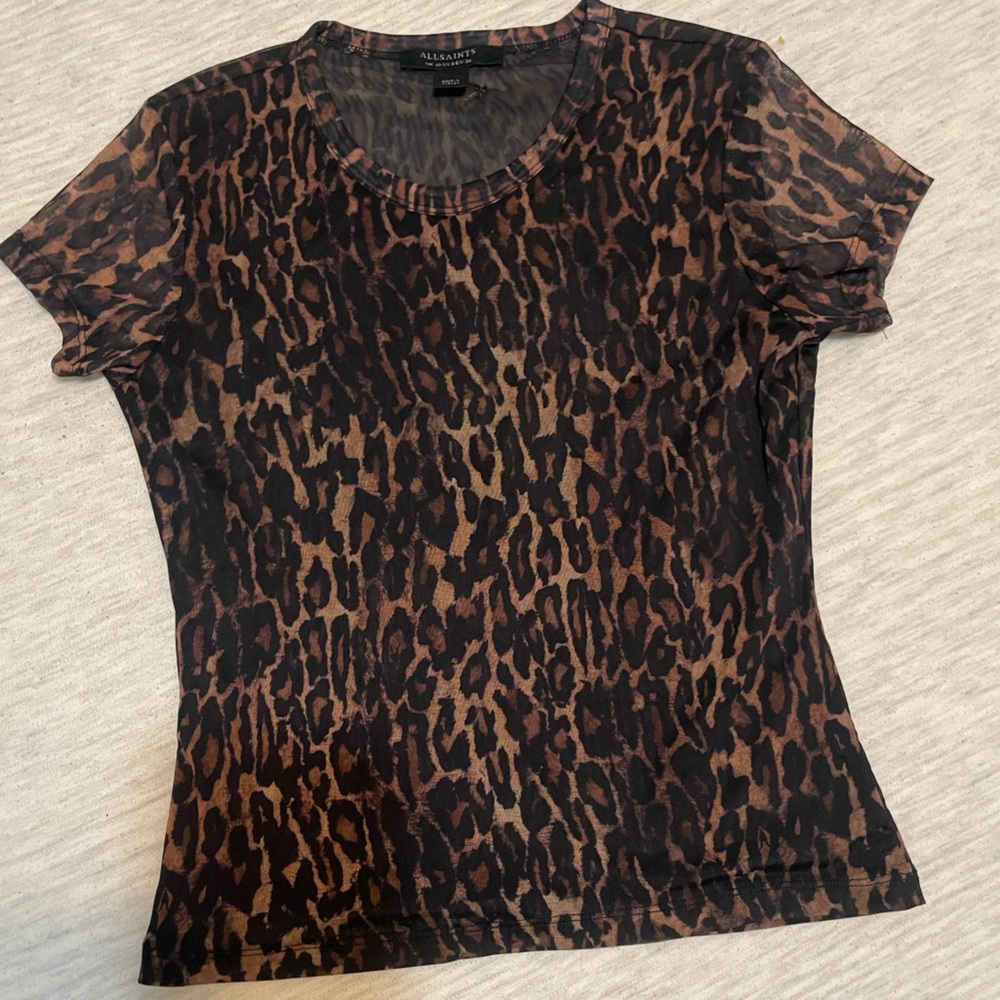 All Saints Brown Leopard Print cap Sleeve mesh Tee